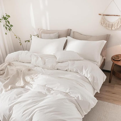 Soft Breathable Cozy Off White Duvet King Size 100% Washed Cotton Bedding Set Cover 1 Duvet Cover Zipper Closure and 2 Pillowcases, 104inch x 90inch