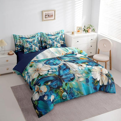Erosebridal Girls Teal Blue Butterfly Bedding Set Twin 7 Piece White Flowers Oil Painting Boho Comforter Set Retro Floral Butterfly Bed in A Bag,Aesthetics Bohemian Sheet Set with Comforter