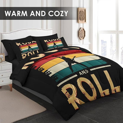 Comforter Set Full Size, Rock Roll Music Vintage 7 Pcs Bedding for Kids and Adults, Retro Guitar Disco Bed Sheet Sets with Fitted Sheet 2 Pillowcases & 2 Shams for Bedroom Bed Decor