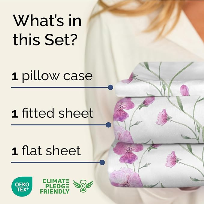 Floral Sheets - Pink Floral Bed Sheet Set - 1 Flat, 1 Fitted & 1 Pillowcase w/ Deep Pockets - Comfy, Wrinkle & Fade Free - Boho Botanical Bedding - Ultra-Soft, Breathable & Cooling - Twin XL Size Set