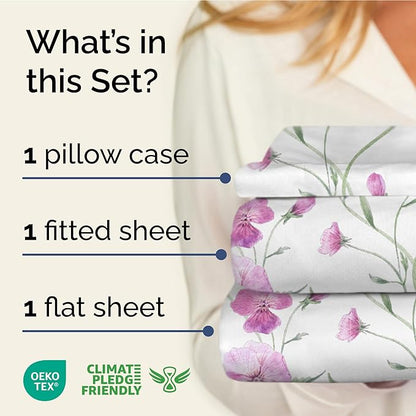 Floral Sheets - Pink Floral Bed Sheet Set - 1 Flat, 1 Fitted & 1 Pillowcase w/ Deep Pockets - Comfy, Wrinkle & Fade Free - Boho Botanical Bedding - Ultra-Soft, Breathable & Cooling - Twin XL Size Set