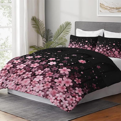 Full Size Comforter Set with 2 Pillowcases, Spring Cherry Pink Flower Tree Soft 3 Pcs Bedding for Kids and Adults Bedroom Bed Decor