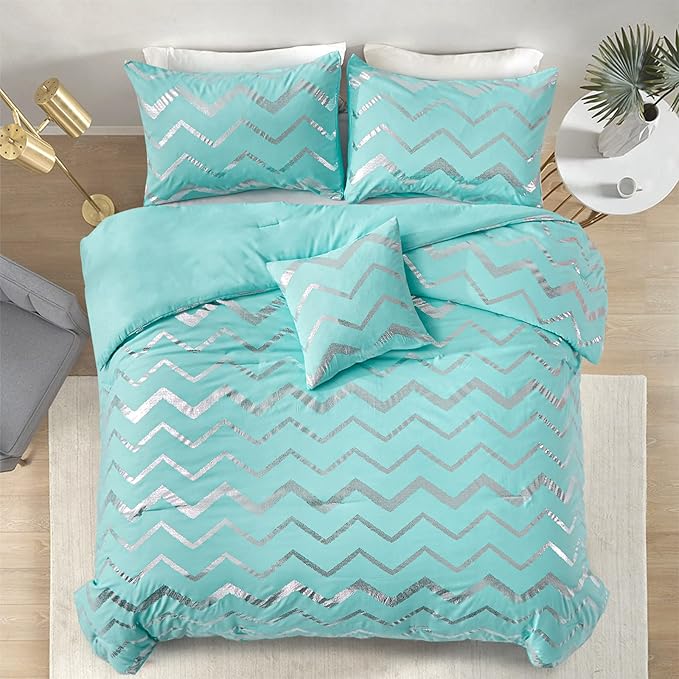 Menghomeus Aqua Comforter Set Full Size Metallic Teal and Silver Bed Comforter 4 Piece Lightweight Microfiber Bedding for Teen Girls Boys (2 Pillow Case + 1 Decorative Pillow Sham)