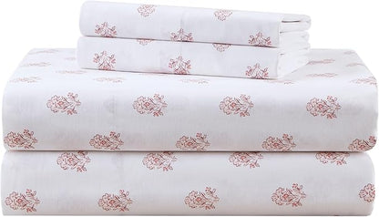 Comfort Spaces 100% Cotton Sheets King, Breathable, Naturally Cool Cotton Sheets, Soft Cotton Bed Sheets with 14" Elastic Pocket Fits up to 16" Mattress, All Seasons Sheet Set, Floral Pink 4 Piece