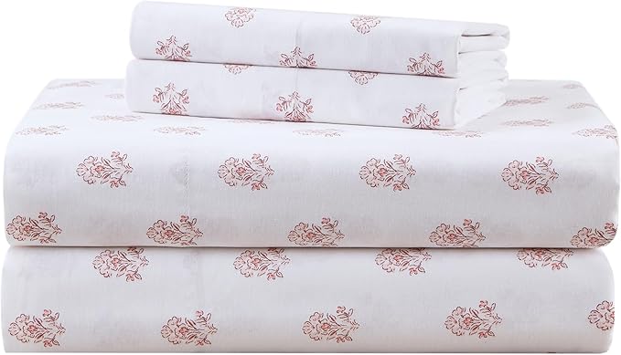 Comfort Spaces 100% Cotton Sheets Full, Breathable, Naturally Cool Cotton Sheets, Soft Cotton Bed Sheets with 14" Elastic Pocket Fits up to 16" Mattress, All Seasons Sheet Set, Floral Pink 4 Piece