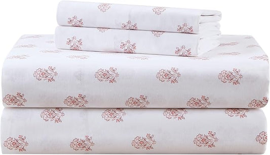 Comfort Spaces 100% Cotton Sheets Twin, Breathable, Naturally Cool Cotton Sheets, Soft Cotton Bed Sheets with 12" Elastic Pocket Fits up to 14" Mattress, All Seasons Sheet Set, Floral Pink 3 Piece