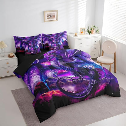 Erosebridal Dragon Bed in a Bag King Size Comforter Set 7 Pieces,Vintage Dreamy Blue Dragon Wings Bedding Sets Prehistoric Mythical Animal Sheet Set with Comforter