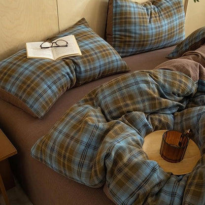 Vintage Blue&Brown Plaid Duvet Cover Twin XL 100% Cotton Muslin Grid Checkered Plaid Bedding Set Breathable Soft Linen Like Gauze Comforter Cover Farmhouse Gingham Duvet Cover with Zipper Closure