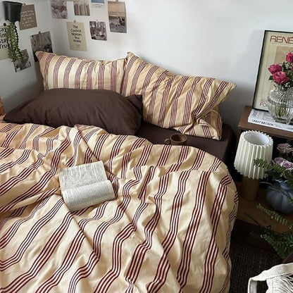 Nayoroom Striped Duvet Cover Full Size Vintage Brown Striped Duvet Cover 3 Pieces 100% Washed Cotton Soft Breathable Girls Dorm Bedding Set for Hot Sleepers