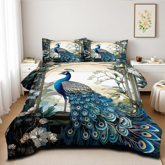 Blue Peacock Comforter Set King Size Bird and Floral Bedding Set Animal Feather Bedding Sets Victorian Style Flower Birds Comforters Soft Down Alternative Comforter Sets for All Season