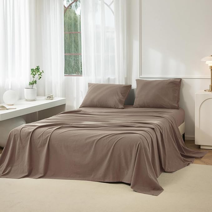 JIYUAN California King Size Sheet Set, 4-Piece - 100% Washed Cotton, Linen-Like Soft & Breathable, Includes Deep Pocket Fitted & Flat Sheet with 2 Pillowcases, Hotel Quality, Solid Light Brown
