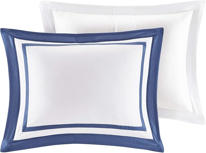 Madison Park Heritage Comforter Quilt Combo Set - Modern Luxury Design, All Season Down Alternative Bedding, Matching Shams, Decorative Pillows, Full/Queen(90"x90"), Color Block Navy 8 Piece