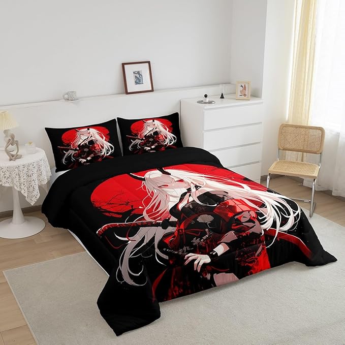 Erosebridal Queen Japanese Anime Bedding Set for Kids, Anime Girl Comforter Set Kawaii Japanese Style Duvet Insert Cartoon Japan Animation Quilt for Boys Teens Adult Women Bedroom, Red Black