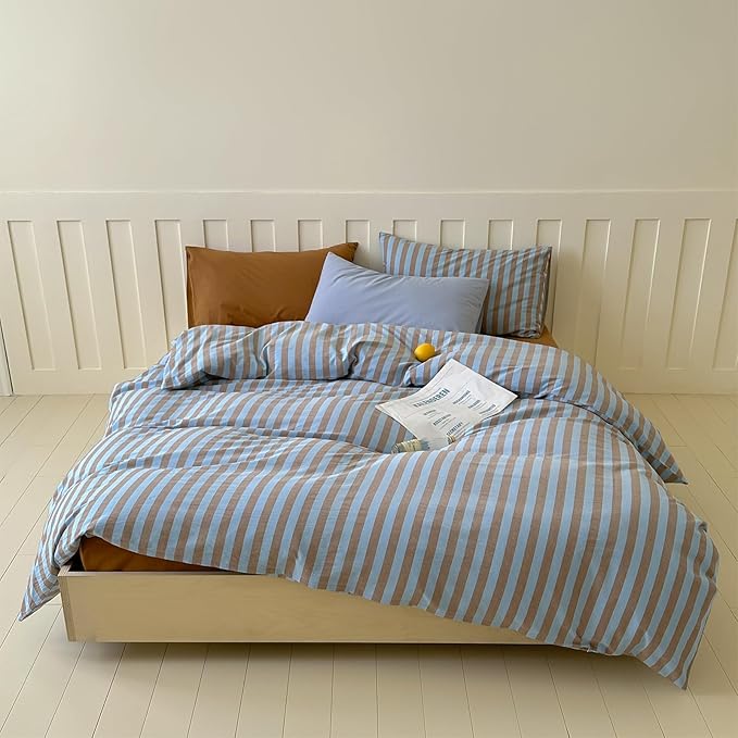 LifeTB Retro Striped Duvet Cover Set Queen, 100% Washed Cotton Vintage Blue Brown Stripes Pattern Printed Bedding Set, 3 Pieces Soft Breathable Comforter Cover Striped Cotton Duvet Cover Queen