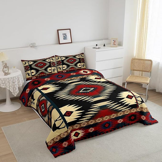Feelyou Boho Comforter Set Toddler Size Rustic Comforter for Boys Girls Teens Cabin Bedding Set Retro Duvet Set Room Decor Auburn Quilt Set
