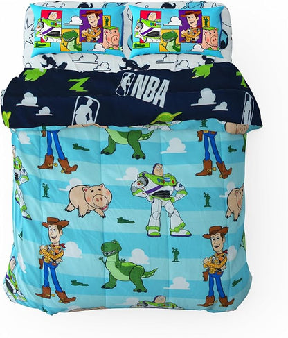 Northwest Disney Toy Story Full Size Comforter Set, 5 Piece Reversible Buzz Lightyear & Woody Design Ultra Soft Fade Resistant Microfiber Kids Bedding Set, Officially Licensed