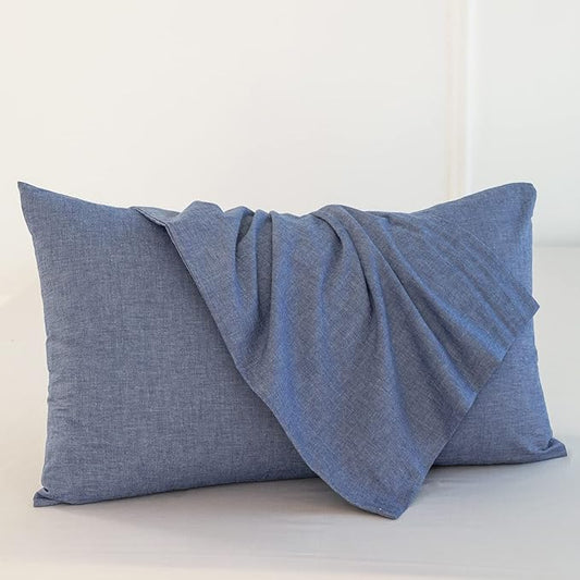 MooMee Bedding Pillowcases Pack of 2 100% Washed Cotton Linen Like Textured Breathable Durable Soft Comfy (Heathered Blue, King)