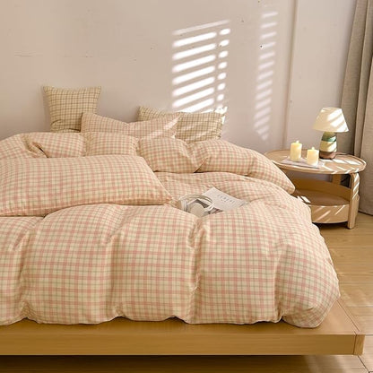 EAVD Vintage Style Pink&Green Plaid Duvet Cover Full Soft 100% Muslin Cotton Retro Grid Checkered Bedding Set with 2 Pillowcases Farmhouse Geometric Pattern Duvet Cover with Zipper Closure