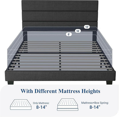 Allewie Full Size Platform Bed Frame with Fabric Upholstered Headboard Gray | Wooden Slats Support, Fully Upholstered Mattress Foundation, No Box Spring Needed, Easy Assembly, Noise-Free, Dark Grey