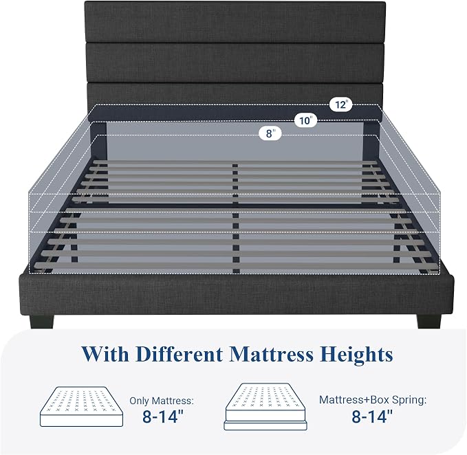 Allewie Queen Size Platform Bed Frame with Fabric Upholstered Headboard | Wooden Slats Support, Fully Upholstered Mattress Foundation, No Box Spring Needed, Easy Assembly, Noise-Free, Dark Grey