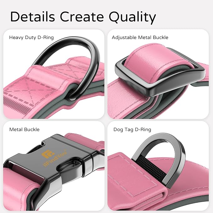 Airtag Dog Collar, Dog Collar with airtag Holder, IP68 Waterproof Leather Dog Collar with Metal Buckle & Lockable Airtag Holder, Heavy Duty Adjustable for Small Medium Large Dogs (Pink M)