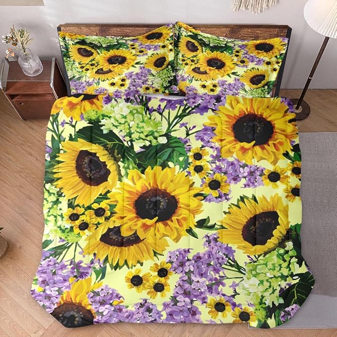 Twin Size Comforter Set with Pillowcase, Retro Sunflower 2 Pcs Bedding for Kids and Adults, Vintage Floral Yellow Flower Soft Comforter Set for Bedroom Bed Decor