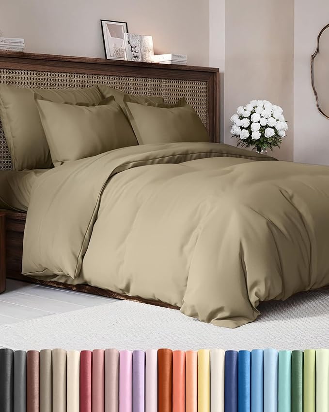 Duvet Cover Cal King Size Set - Extra Soft Cal King Duvet Cover 104" x 98" with 2 Pillow Shams - Hotel Luxury, Easy Care & Fade Free with Zipper Closures & Ties - Comfy, Cozy and Breathable (Khaki)