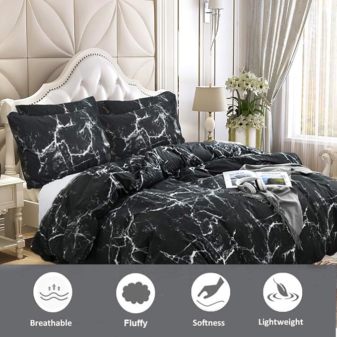Cottonight Black Marble Comforter Set Queen Marble Bedding Set Black and White Abstract Modern Blanket Quilts Marble Texture Comforter Black Bedding Set for Men Women Adults Kids