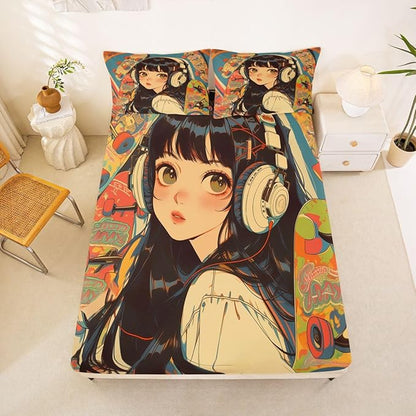 Erosebridal 3Pcs Anime Bedding Set Fashion Street Girls Fitted Sheet 3D Cartoon Printed Comfortable Soft Bed Sheets for Kids Boys Girls Teens Tattoo Watercolor Art Japanese Style Sheets Full Size