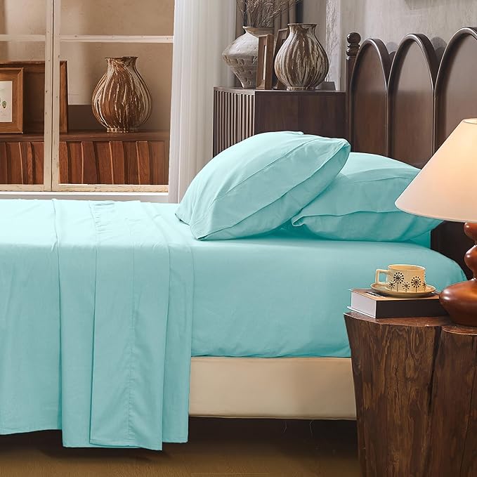100% Linen Sheet Set Cal King Size Extra Deep Pocket Fits 18-24 Inch Mattress, Breathable & Soft, Smooth 4-Piece Set for Thick Mattresses Hotel Luxury Bedding（Cal King, Light Blue）
