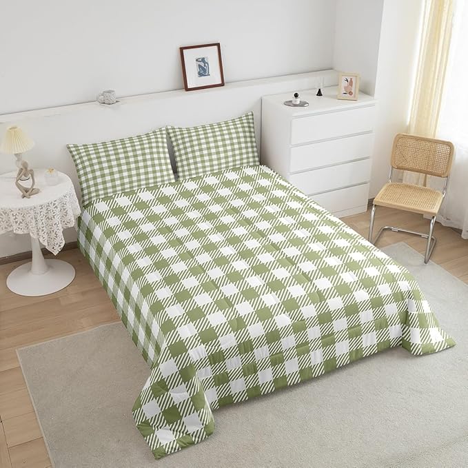 Manfei Green Plaid Comforter Set Buffalo Check Plaid Bedding Set Classic Gingham Pattern Bedding Home Decor Light Green White Scottish Comforter Twin Size Quilted Duvet Set with 1 Pillowcase