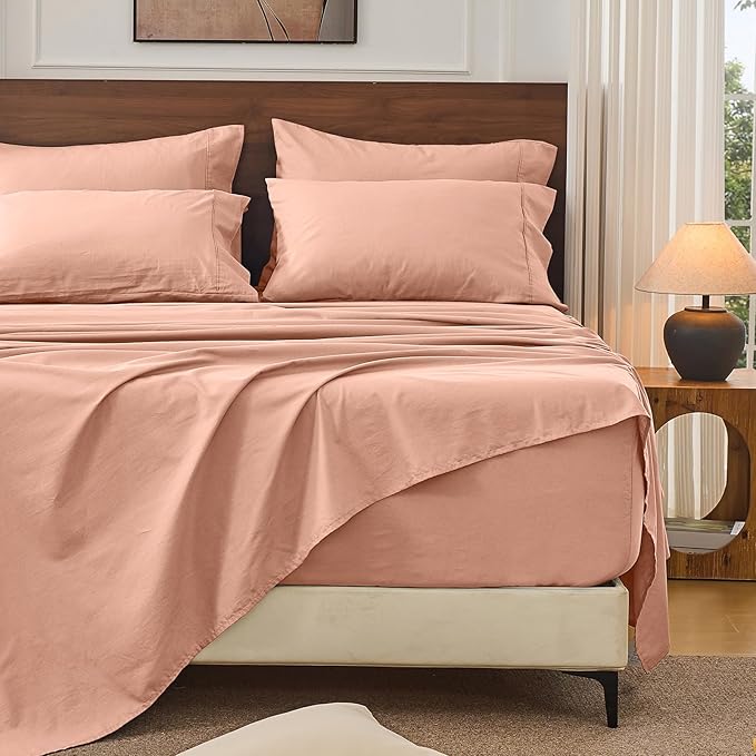 Bedlifes 100% French Linen Sheets California King Size 18-24" Extra Deep Pocket 4-Piece Set Breathable & Moisture-Wicking,Soft & Durable Sheets for Thick Mattresses(Blush Pink)