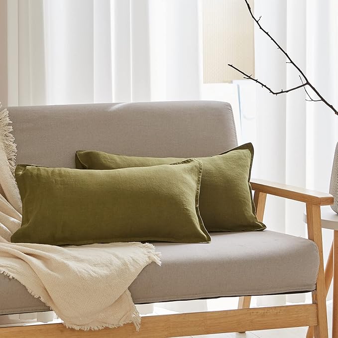 Simple&Opulence 100% Linen Lumbar Pillow Cover 12 x 20 Inches Set of 2 Rectangular Decorative Throw Cushion Cover for Couch Sofa Bed Living Room Office Soft Breathable Farmhouse - Olive Green