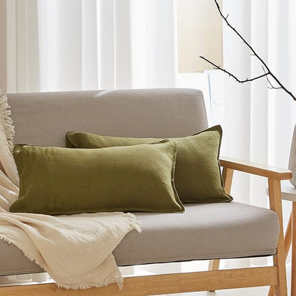 Simple&Opulence 100% Linen Lumbar Pillow Cover 12 x 20 Inches Set of 2 Rectangular Decorative Throw Cushion Cover for Couch Sofa Bed Living Room Office Soft Breathable Farmhouse - Olive Green