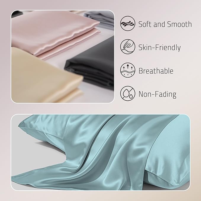 Mulberry Silk Pillowcases Set of 2, Both Sides Real Silk Pillow Covers for Hair and Skin Prevent Acne Pillowcase Organic Silk Pillowcase 2 Pack with Hidden Zipper, Haze Blue, King (20"×36")