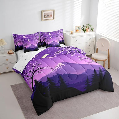 jejeloiu Japanese Purple Bedding Set 7Pcs Full Size Kids Mount Fuji Comforter Set with Sheets for Boys Girls Cherry Blossom Bed in a Bag Soft Lightweight,Microfiber