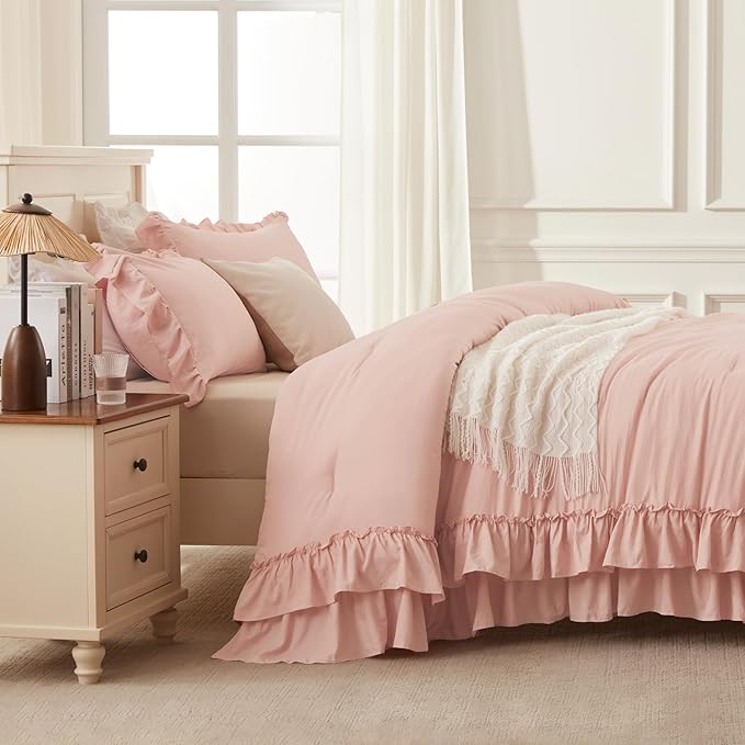 Andency Blush Full Size Comforter Set, Shabby Chic Bedding Comforter Set for All Seasons, 3 Pieces Lightweight Soft Western Modern Bed Set for Women Girls