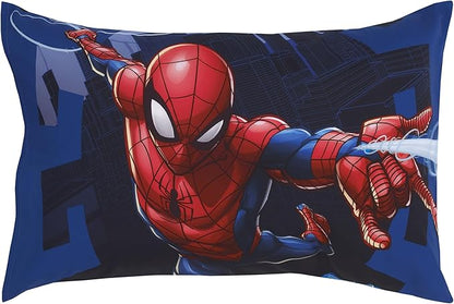 NoJo Marvel Spiderman to The Rescue Red, White, and Blue 4 Piece Toddler Bed Set - Comforter, Fitted Bottom Sheet, Flat Top Sheet, and Reversible Pillowcase