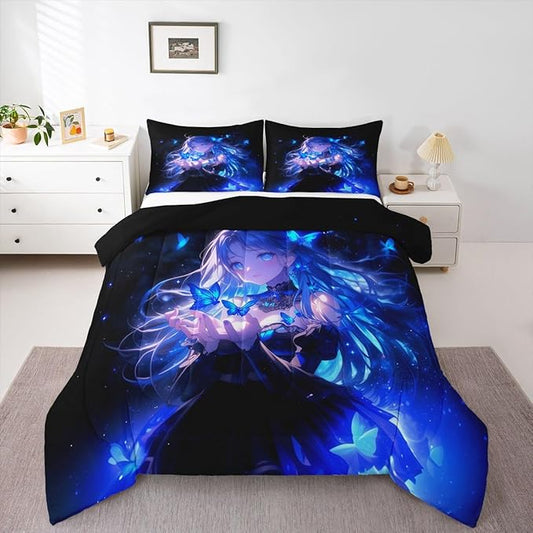 Erosebridal 3D Japanese Girl Kids Comforter Set | Blue Butterfly Decorations Bedding Full Size Cartoon Down Comforter Anime Gifts for Her Duvet Set for Bedroom