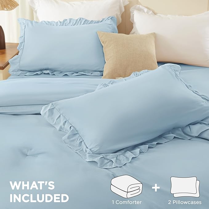 Andency Light Blue King Comforter Set (104x90Inch), 3 Pieces Ruffle Comforter Set with 2 Pillowcases, Farmhouse Shabby Chic Lightweight Fluffy Soft All Season Bed Set