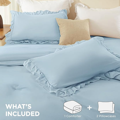 Andency Light Blue King Comforter Set (104x90Inch), 3 Pieces Ruffle Comforter Set with 2 Pillowcases, Farmhouse Shabby Chic Lightweight Fluffy Soft All Season Bed Set