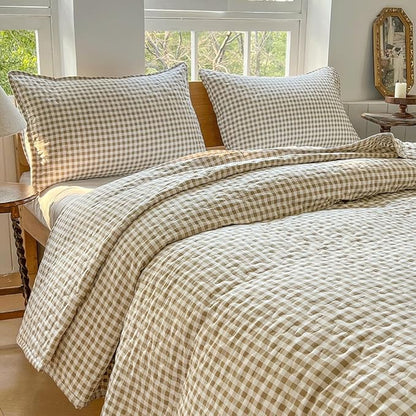 NSNLGSGC Tan Gingham Twin Quilt Set, Soft Pre-Washed Microfiber Taupe Plaid Twin Bedspread, Lightweight Checked Summer Quilt, Grid Bedding Coverlets for All Seasons (Includes 1 Quilt, 1 Pillow Sham)