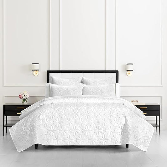 kate spade new york Spade Floral 3-Piece King Quilt Bedding Set, 100% Cotton Sateen Reversible Cover, All Season Warmth Bedding, Machine Washable, Bright White