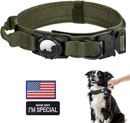 Tactical AirTag Dog Collar - Heavy Duty, Adjustable GPS Collar | Compatible with Apple AirTag, with Holder & Control Handle for Medium/Large Dogs [ Green, L ]