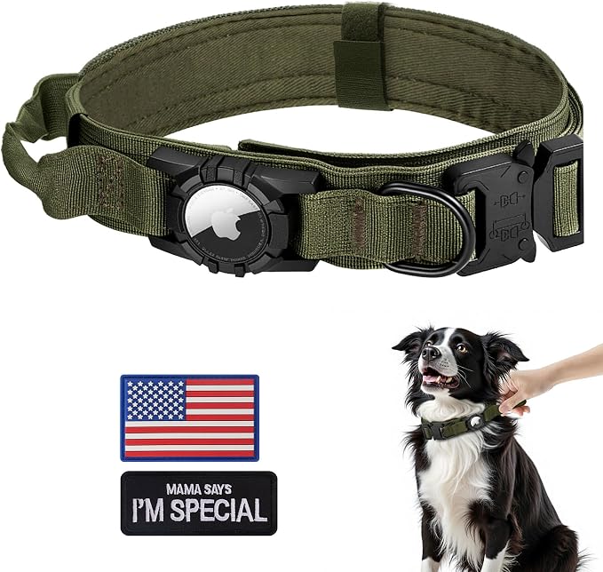 Tactical AirTag Dog Collar - Heavy Duty, Adjustable GPS Collar | Compatible with Apple AirTag, with Holder & Control Handle for Medium/Large Dogs [ Green, XL ]