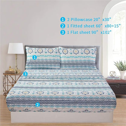 JSD Blue Boho Printed Sheet Set Queen Size, 4 Piece Soft Floral Microfiber Sheets Extra Deep Pocket