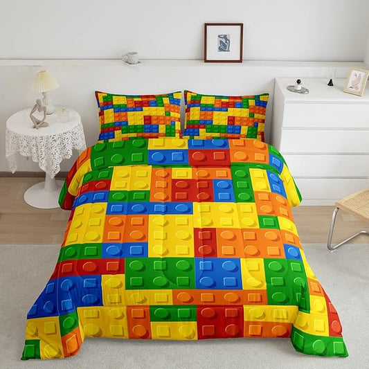 Feelyou Games Comforter Set Twin Size Building Blocks Bedding Set for Kids Boys Girls Colorful Geometric Toy Brick Comforter Gaming Nursery Quilt Duvet Set with 1 Pillowcase Boys