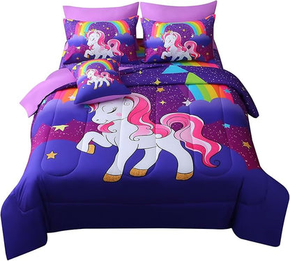 JQinHome Unicorn Twin Bedding Sets for Girls Kids,6 Piece Bed in A Bag 3D Purple Rainbow Theme Unicorn Comforter Set with Sheet Set(Rainbow)