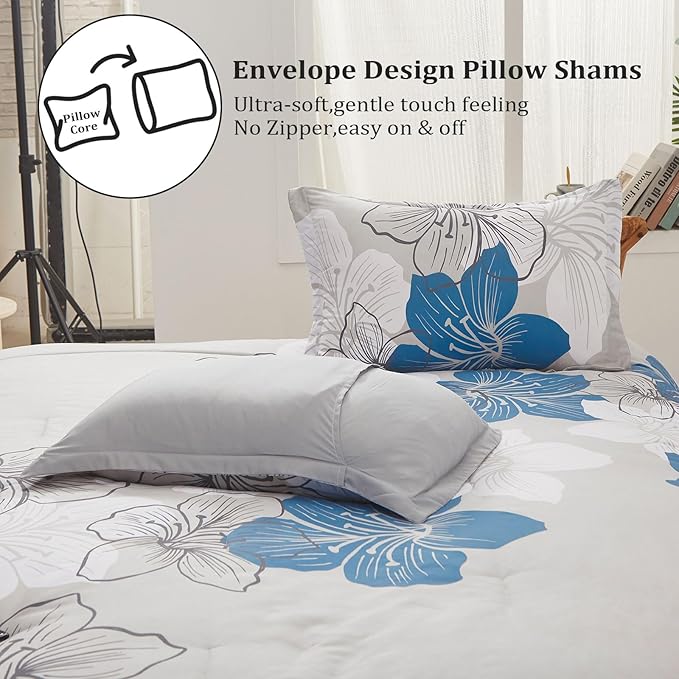 Menghomeus Floral Comforter Set King Blue Flower Pattern Printed on Grey, Soft Microfiber Bedding Lightweight Boho Bed Set for All Season (1 Comforter, 2 Pillowcases)