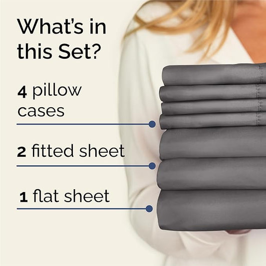 Split King 7 Piece Sheet Set - Comfy Breathable & Cooling - Soft Hotel Luxury Bedding Set with 8-16 Inch Deep Pockets - 1 Flat & 2 Fitted Sheet & 4 Pillowcases - Wrinkle Free & Easy Care - Dark Grey
